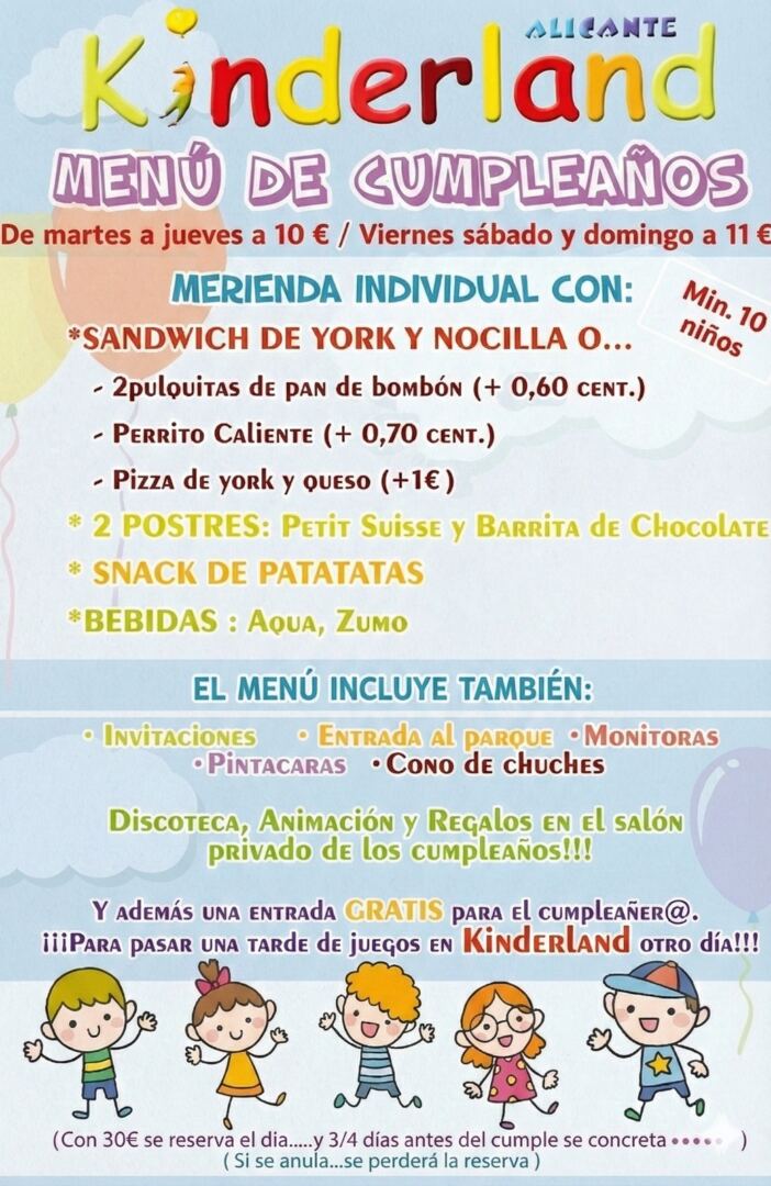 Menus Cumpleaños Kinderland Alicante